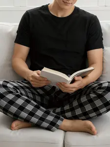 Men's Summer Casual Plaid Checked Pajama Set Pjs, Round Neck Short Sleeve Pullover Shirt & Long Pants, Soft Comfortable Knitted Polyester Loungewear