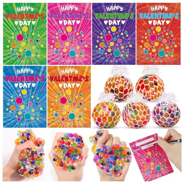 24 Pack Valentine’s Day Fidget Stress Balls with Cards – Classroom Valentine Exchange Gifts, Squeeze Stress Relief Toys, School Party Favors & Prizes for Boys & Girls