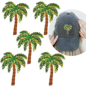 5Pcs Sequins Coconut tree Iron on Patches Embroidery Applique Clothing Shiny Decoration Sew on DIY Accessories for Hats Jeans Jackets Bags