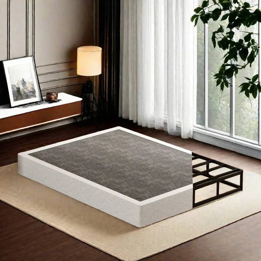 Heavy Duty Iron Mattress Base - Low Profile, No Noise, Modern Classic Rectangular Bed Foundation With Clean Fabric Cover, Easy Install, 5in/7in/9in Sizes, Double Sliding Tub Door