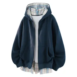 Spring heavy fake two-piece hooded plaid spliced men's sweater, hooded sweater jacket contrasting color splicing men's and women's same couple cardigan, cotton plaid sweater trendy versatile loose casual long-sleeved top, soft and comfortable fabric, suit