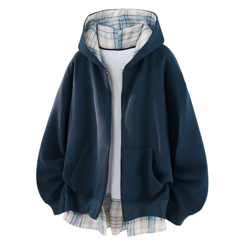 Couple Matching Fake Two Piece Zip Hoodie Plaid Lining Contrast Hem Oversized Loose Hooded Jacket Lightweight Casual Daily Layer Outfit