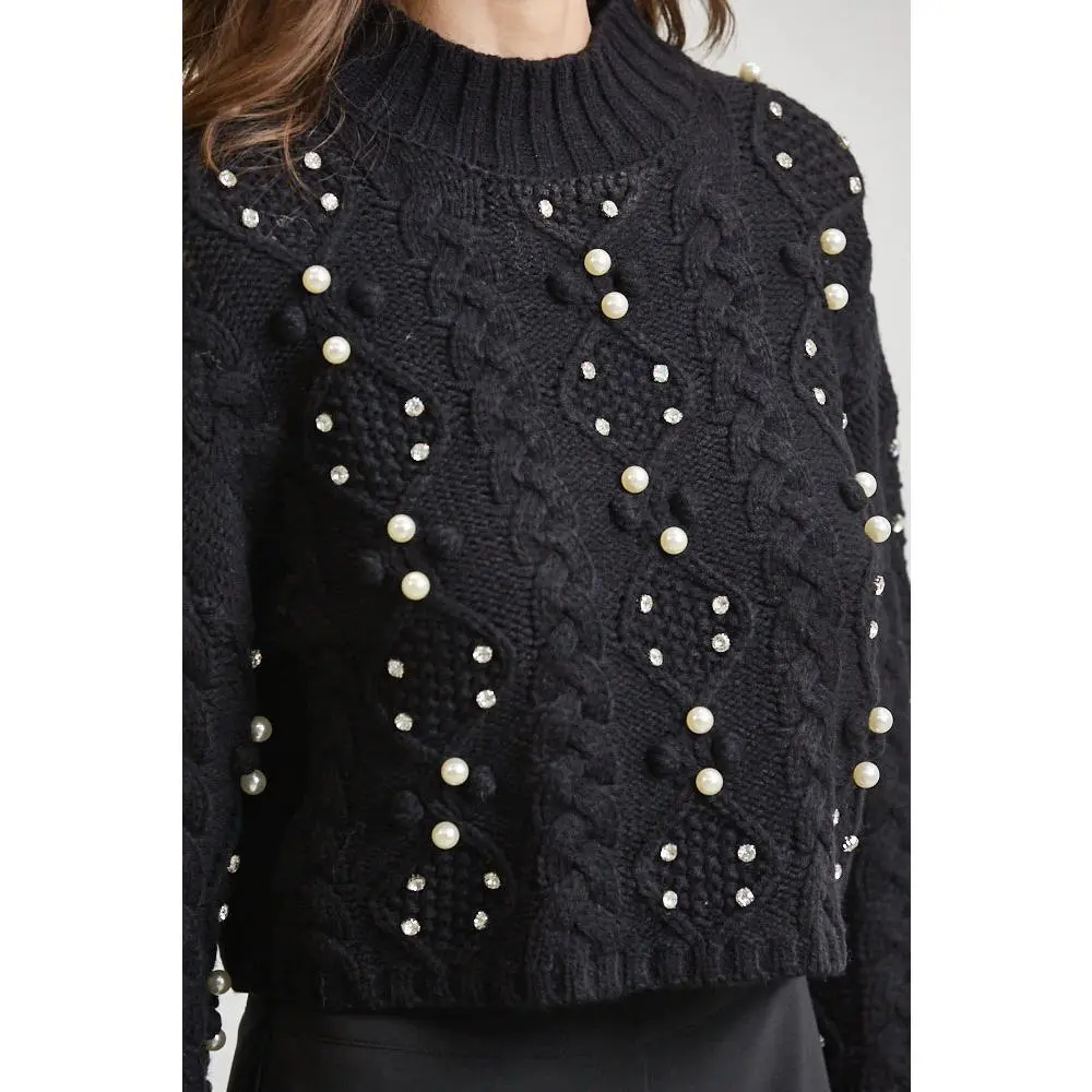 Pearl & Rhinestone Embellished Cable-Knit High-Neck Long Sleeves Sweater