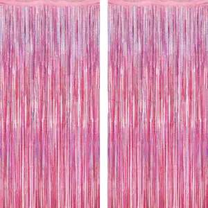 2 Pack Glitter Pink Backdrop, 3.28 FT x 7.05 FT Birthday Party Decorations, Pink Fringe Curtains Foil Streamer Tinsel, Pink Curtains Photo Backdrop Happy Birthday Valentines Day Backdrop