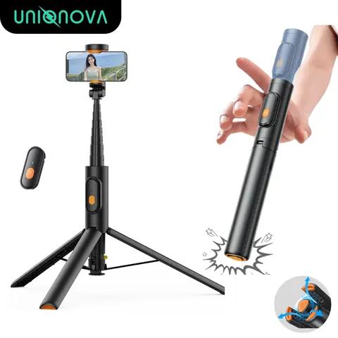 UNIQNOVA 59" Automatic Pop-up Selfie Stick Tripod, Extendable & Retractable, 1-Press Travel Ready, Detachable Remote, Flexible Angle, Compatible with iPhone & Android