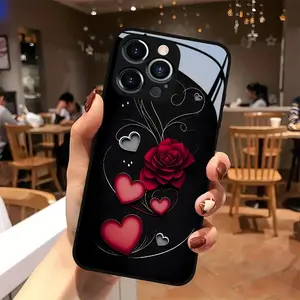 Rose Heart Pattern Glass Case for iPhone 17, 16, 15, 14, X, 13, 12, 11, XR, 8, 7, XS Max Series, Anti-Dirty, Fashionable, Trendy