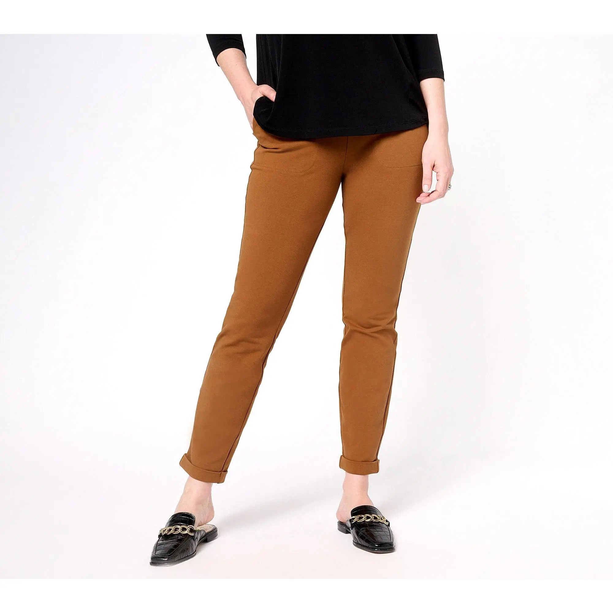 Susan Graver Weekend Premium Stretch Petite Slim-Leg Cuff Ankle Pant
