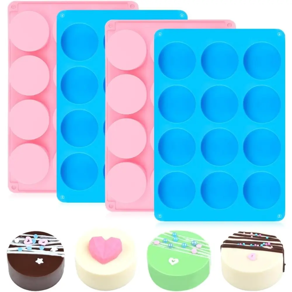 Flexible Silicone Baking Molds - 4-Pack Kitchen Set (2 Pink, 2 Blue), 12-Cavity Round Cylinder for Chocolate Covered Oreos & Cakes, Dia: 2.1 in, H: 0.85 in