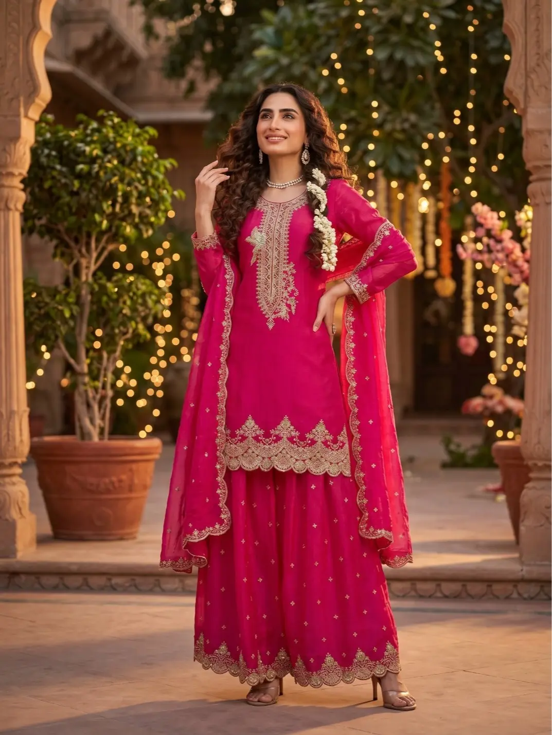 Women’s Tora Silk Embroidered 3-Piece Palazzo Suit Set – Elegant Ethnic Party & Festive Wear