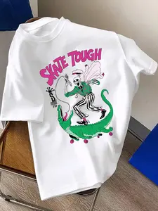 Men's Regular Fit Skateboard & Skeleton Print Round Neck Tee, Casual Short Sleeve Crew Neck T-shirt for Summer, Fashion Men's Top for Daily Wear, Tropical