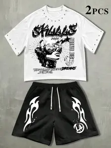 Men's Set, Robot Pattern Print Drilled Short Sleeve T-Shirt + Drawstring Shorts 2-Piece Set, Outfit, Casual Loose Fit Outdoor Wear