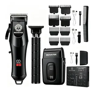 MOVATEK 3-Piece Professional Barber Hair Clipper & Detail Trimmer Kit for Men - USB Fast Recharge Haircut Set, LCD Power Display, Multi-Size Adjustable Blades, Cordless Home Salon Grooming Tools Professional Men's Hair Trimmer