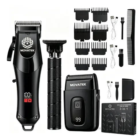 MOVATEK Men's 3-Piece Cordless 2-in-1 Hair Trimmer & Hair Clipper Kit - USB Powered Fast Rechargeable, 650g, Digital LCD Display Trimmer, Multi-Size Adjustable Blades, Fade Grooming Kit for Home Barber Equipment Use