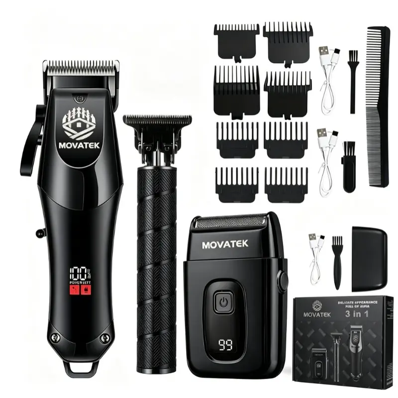 MOVATEK Men's 3-Piece Cordless 2-in-1 Hair Trimmer & Hair Clipper Kit - USB Powered Fast Rechargeable, 650g, Digital LCD Display Trimmer, Multi-Size Adjustable Blades, Fade Grooming Kit for Home Barber Equipment Use