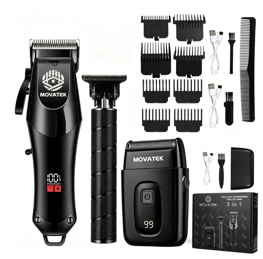 MOVATEK 3-Piece Professional Barber Hair Clipper & Detail Trimmer Kit for Men - USB Fast Recharge Haircut Set, LCD Power Display, Multi-Size Adjustable Blades, Cordless Home Salon Grooming Tools Professional Men's Hair Trimmer
