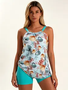 lus Size Tankini Swimsuit with Seashell Print, Two Piece Bathing Suit with Boyshorts