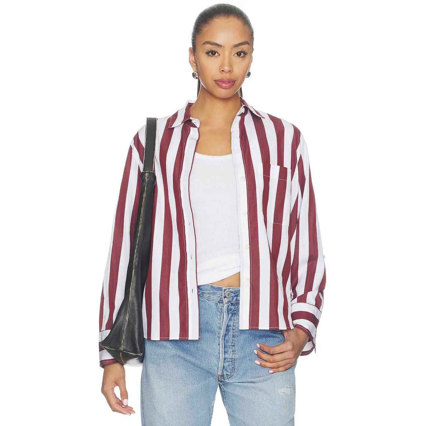Madewell The Signature Y-Neck Shirt in Poplin in Dusty Merlot