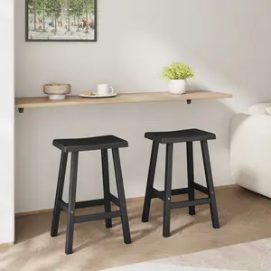 Set of 2 Wooden Saddle Bar Stools, 24 Inch Height, Seat with Footrests, Industrial Style – Kitchen Counter Stools for Restaurant, Bistro Bar, Home Dining