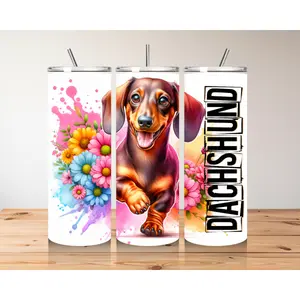 Cheerful Dachshund Tumbler - Customizable Floral Fun Drinkware