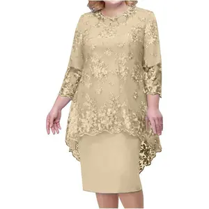 Women's Plus Size Lace Dress 3/4 Sleeve Elegant Mother of The Bride Dresses Formal Evening Party Outfit Can be used with a raincoat