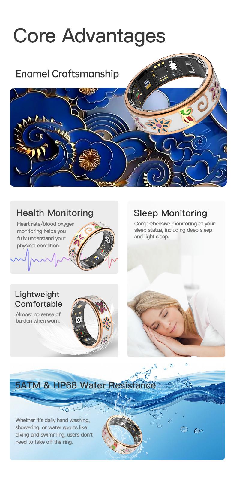 Unisex Smart Ring IP68 Waterproof Enamel Rose Gold Health Tracker Heart Rate Blood Oxygen Sleep Period Monitoring Compatible with iPhone Android