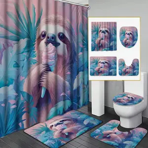 Sloth Pattern Bathroom Decorations, 1 Set Including Shower Curtain & Toilet U-shaped Mat & Bathroom Mat & Toilet Lid Cover, Bathroom Accessories, Shower Curtain Sets