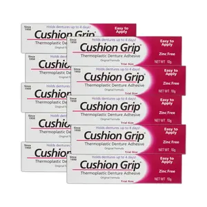 Cushion Grip Thermoplastic Denture Adhesive, 0.35 oz Travel Size | Refits and Tightens Loose Dentures On The Go | Non-Glue Adhesive, Acts Like a Soft Reliner pack of 10