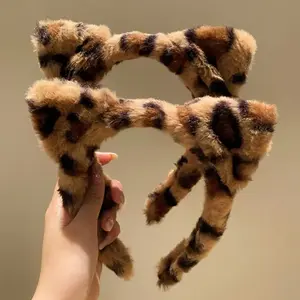 1/2pcs Faux Fur Cat Ears Headbands Leopard Print Plush Hair Hoop Hair Bands for Washing Face Party Hair Accessories