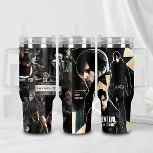 Resident Evil Leon Kennedy 40oz Tumbler With Handle, Gamer Aesthetic Insulated Cup, Raccoon City Design, Reusable Travel Mug, Gift For Horror Game Fans