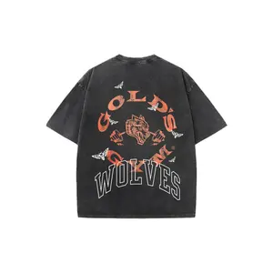 Wolves Gym Vintage Washed Oversized Tee Heavyweight Cotton Workout Shirt Streetwear Casual Loose Fit Tshirt for Men Gym Weightlifting Training Top Retro California Style Graphic Tee