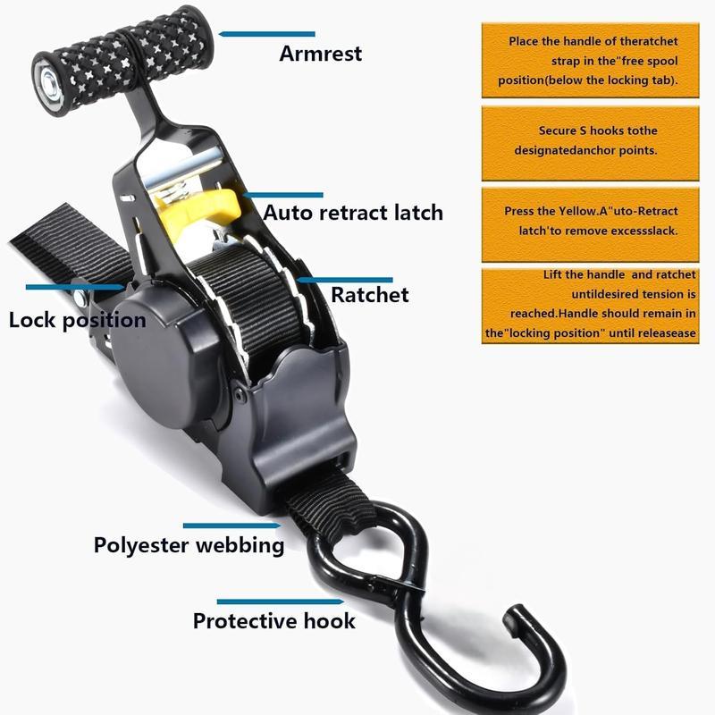 Auto Retractable Ratchet Tie Down Straps 1500 lb Capacity Luggage strap for motorcycles Securing with Padded Handles for Trucks Motorcycles Kayaks ATVs Moving