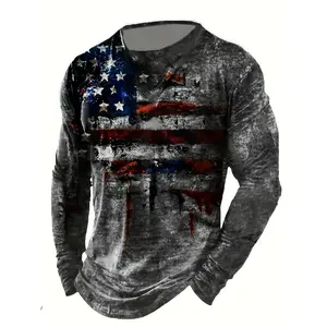 Men's Patriotic American Flag Print Long Sleeve T-Shirt, Distressed Gray Casual Knit Polyester Top with Stars & Stripes Design, Comfortable All-Season Fit, Perfect for Casual Wear, American Flag Clothes