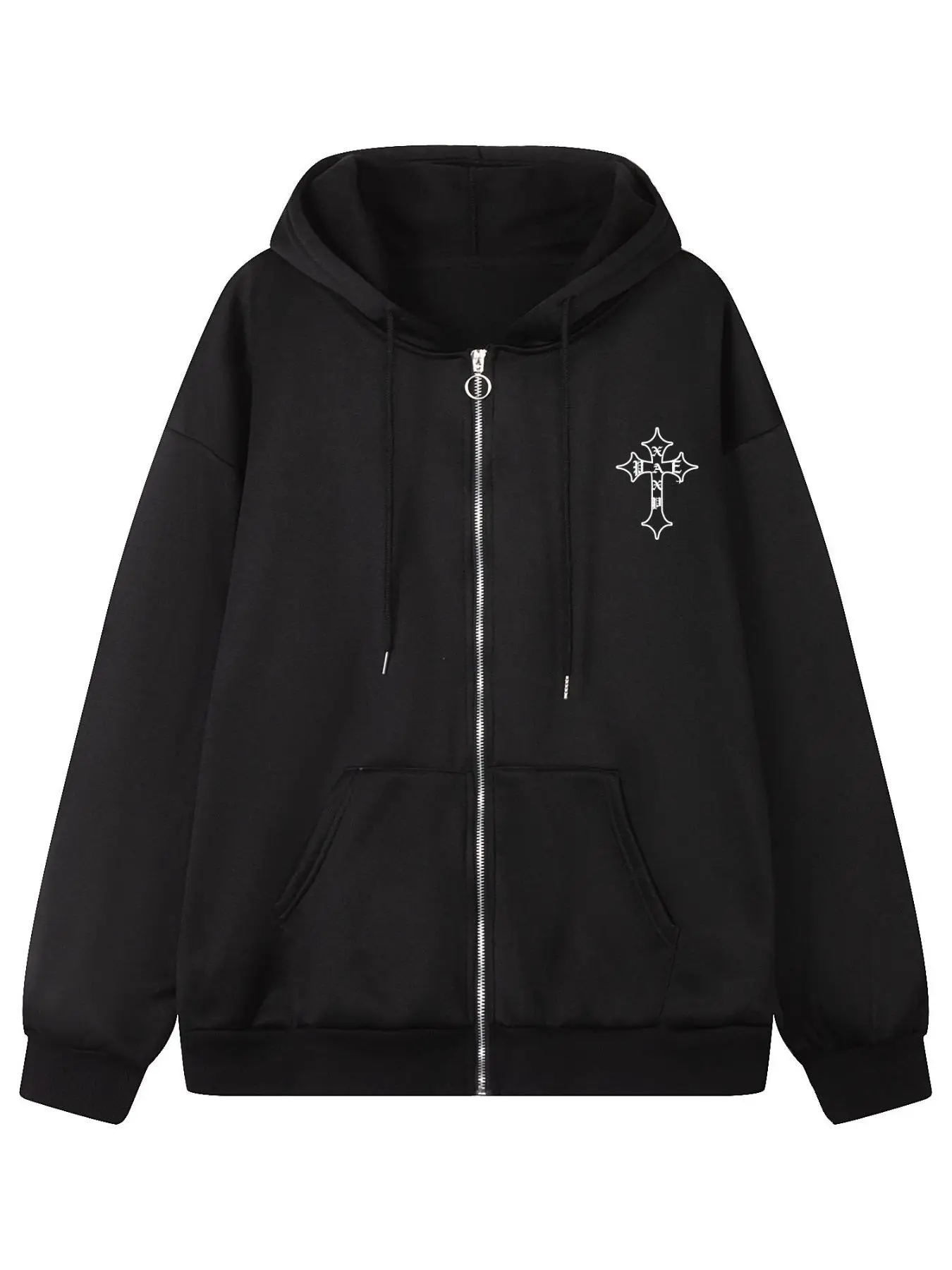 Men's Cross & Rose Print Drawstring Pocket Zip Up Essentials Hoodie, Regular Fit Punk Long Sleeve Hooded Sweatshirt, Men's Clothes for Fall & Winter
