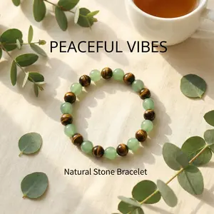 Natural Stone Bracelet | Green Aventurine Tiger Eye Beads | Handcrafted Gemstone Wrist Band | Elastic Stretch Design | Polished Stone Accessories | Boho Style Gift | Adjustable Beaded Bracelet for Women