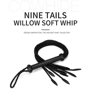 Genuine Leather 9-Tail Whip Collection Hand-Braided Equestrian & Role Play Whips in Multiple Styles, Available in Red/Black All Black Black/Gold
