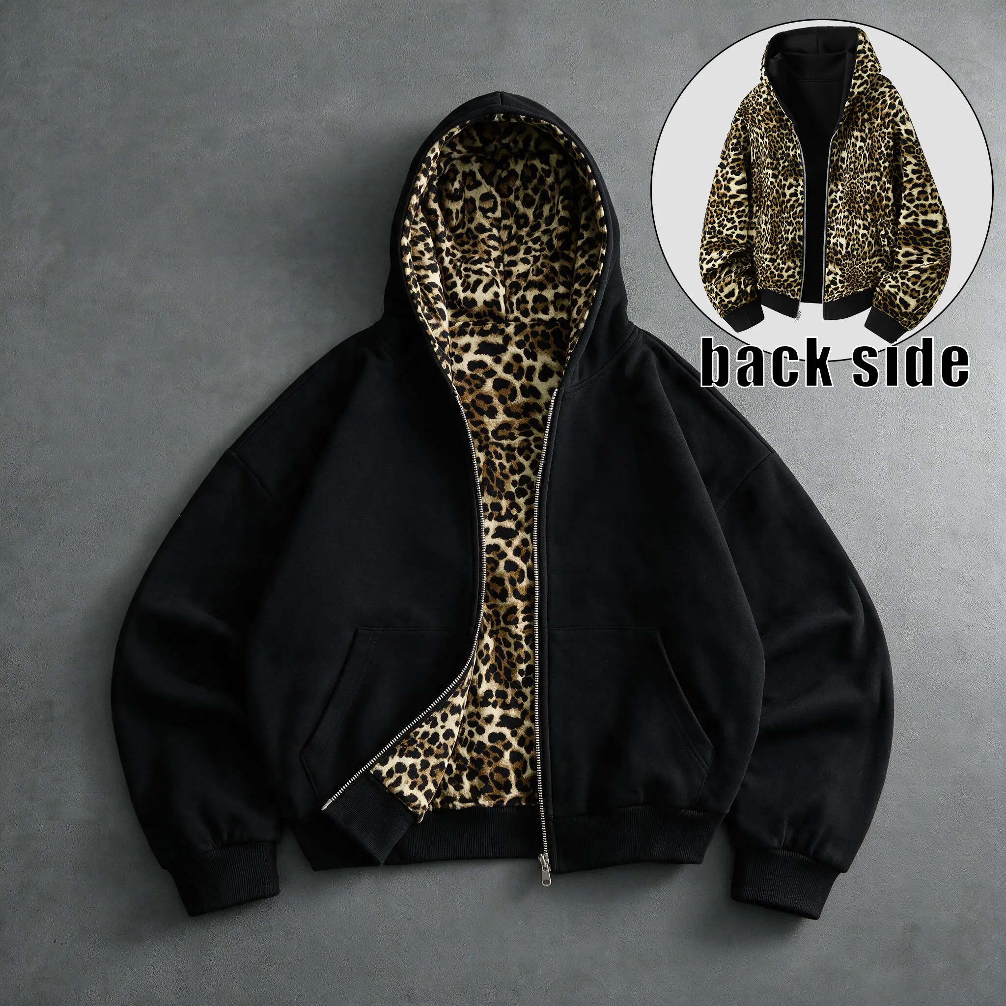 Unisex cotton zip-up hoodie for autumn; reversible design with leopard print lining on the inside; loose long-sleeve sports hoodie with a retro street casual style; menswear; suitable for everyday wear, commuting, and street style.Dreaming Merch。