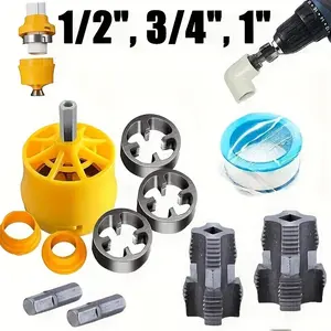 11 Piece Pipe Thread Tool Set, Includes Three Dies (external and Internal), Designed for Use with Electric Drill, Fits 1/2 Inch, 3/4 Inch, 1 Inch Pipes