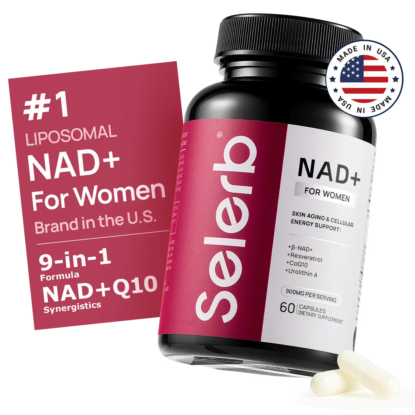 Selerb NAD+ Supplement for Women - NMN Alternative with β-NAD+, Trans-Resveratrol, CoQ10, D-Ribose - Promotes Cellular Renewal, Energy, and Radiant Skin Health - 60 Capsules