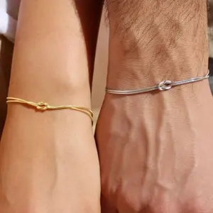 2Pcs Matching Couple Bracelets His and Hers Love Knot Snake Chain Stainless Steel Adjustable Promise Bracelet Gift