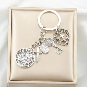 1 religious novelty keychain, circle keychain with multiple accessories, St. Benedict Virgin Mary cross keychain, religious prayer protection keychain pendant, can be used for bag decoration mobile phone decoration, exquisite creative small gifts