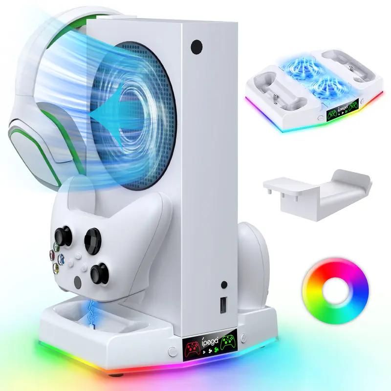 MENEEA Upgraded Console Cooling Fan Stand for Xbox Series S (XSS) - Dual Controller Wireless Charger Dock with Memory Mode, USB Port, Variable Fan Levels, 15 Colorful RGB Lights, 15 RGB Lighting Effects & Headset Hook - Gaming Console Accessory