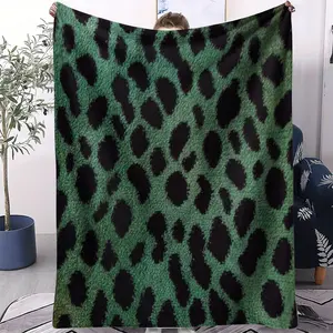Wild Style Printed Flannel Sofa Blanket, Green and Black Colorway Leopard Pattern Blanket For Sofa, Bedroom and Travel, Soft and Comfortable For All Seasons