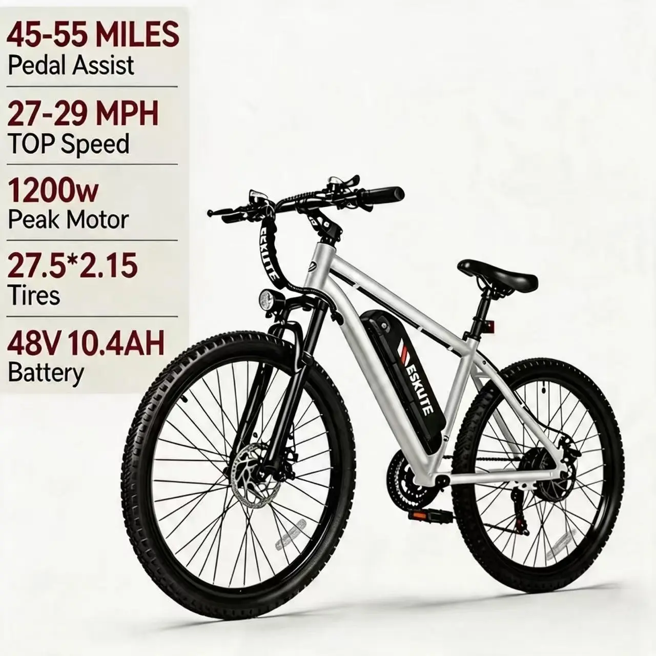 ESKUTE M200/M200F Unisex Adult Electric Mountain Bike - All Terrain Ebikes, Outdoor Sports Bicycle, 1200W Peak Motor, 28MPH Max Speed, 27.5" Tires, Dual Shockers, 21-Speed, Off-Road Ride, Smart Ebike, NFC Unlock, LCD Display, Commuter E-Bike