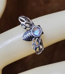 Bee Natural Rainbow moonstone Sterling Silver mark 925 ring sizes 4-12 marquise stone 4 mm gift box included