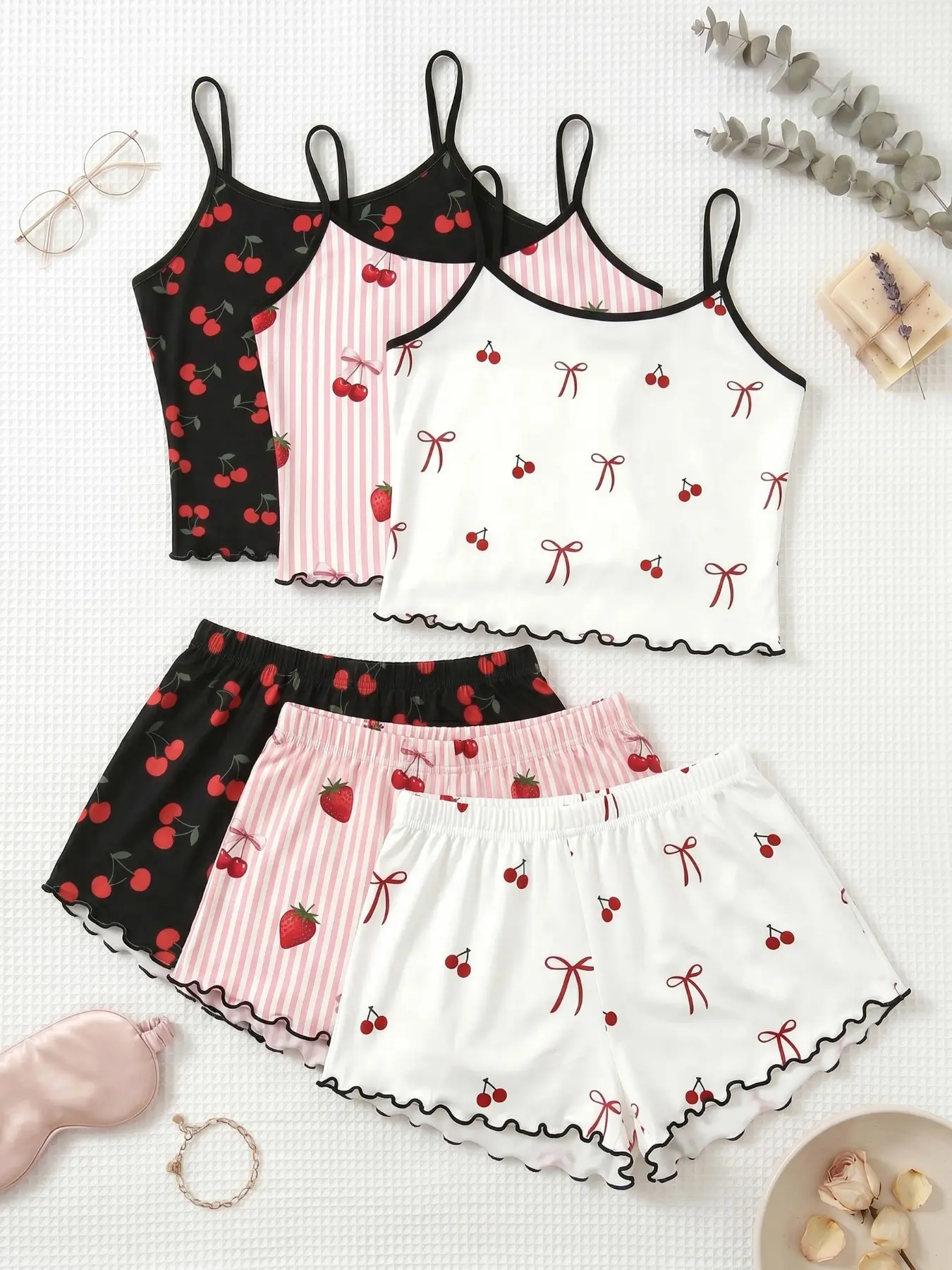 Women's Sleeveless Pajama Set, Bow Cherry Fruit All-Over Print, Slim-Fit Above-The-Knee Sleepwear, Spring Summer Essential, Short, Matching