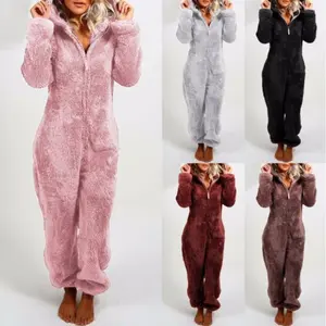 Women's Clothing 2025 Autumn Winter Fleece Lined Thickened Furry Jumpsuit Home Hooded Bear Pajamas