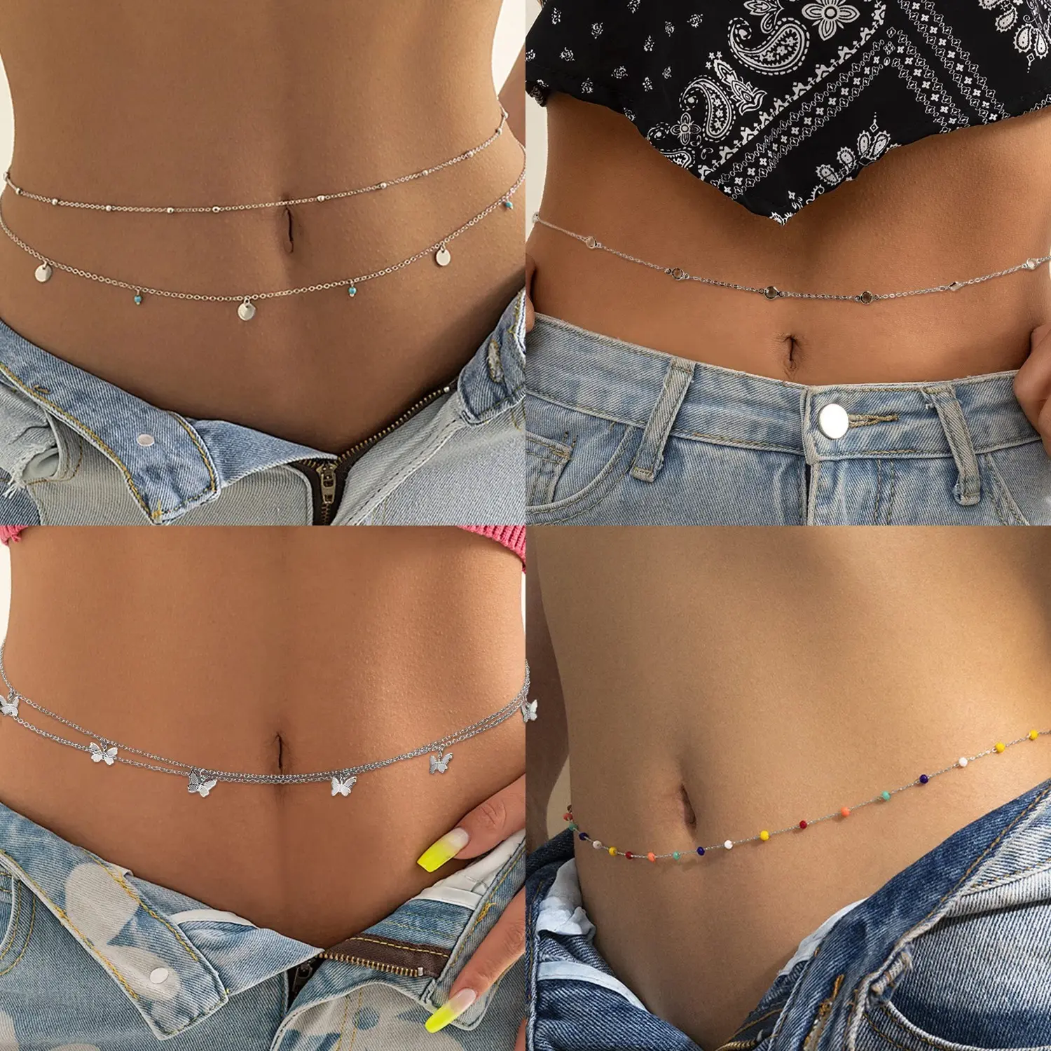 FIASASO Belly Chain Jewelry For Women Beach Bikini Waist Chain Rhinestone Beads Belly Chain Adjustable Sexy Body Chain Jewelry for Summer