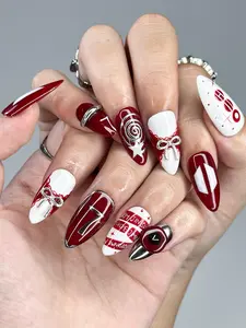 Kpop Bangta Inspired Press Ons Nails, 7 Spirit Idols Love Muse Press Ons Nails, Red White Silver Retro Pop Nails, Coquette Fandom Nails