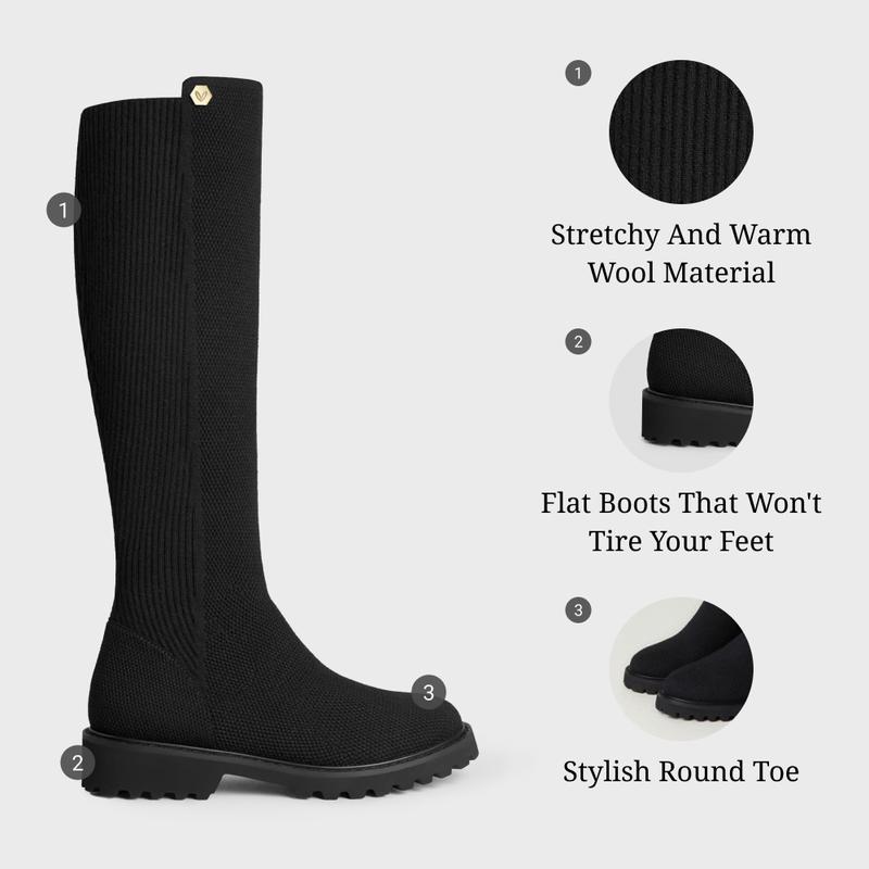 VIVAIA Women Round-Toe Stretchy Wool Knee-High Boots, Wide Calf Friendly, Fashionable and Stylish Boots, Water Repellent Travel Boots, Winter Boots, Knee High Fash high top boot riding Boots (Filipa)