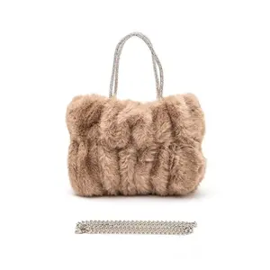 Rhinestone Top Handle Faux Fur Winter Tote Bag